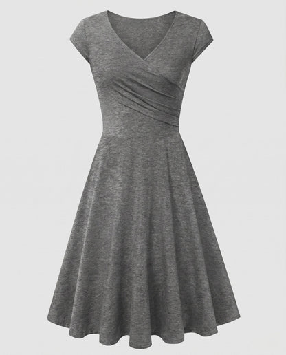 Women's A-line Dress with Wrap Design and Pleats - Grey colorway