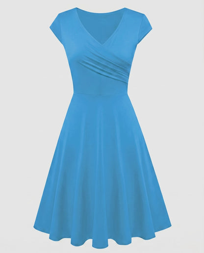 Women's A-line Dress with Wrap Design and Pleats - Light Blue colorway