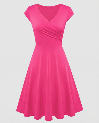 Women's A-line Dress with Wrap Design and Pleats - Magenta colorway
