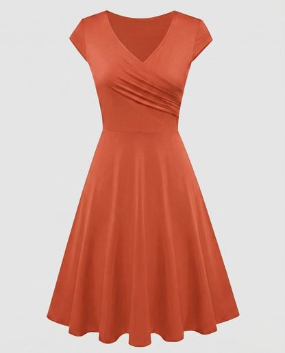 Women's A-line Dress with Wrap Design and Pleats - Orange colorway