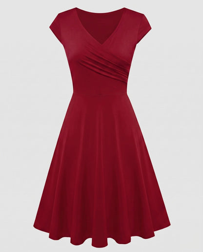Women's A-line Dress with Wrap Design and Pleats - Red colorway