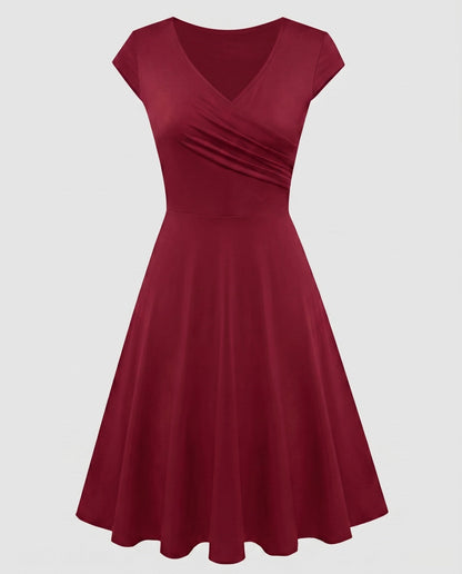 Women's A-line Dress with Wrap Design and Pleats - Reddish Brown colorway
