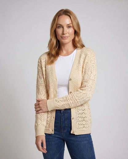 Women's cardigan with decorative hole pattern and button-down neckline - Chichicherry