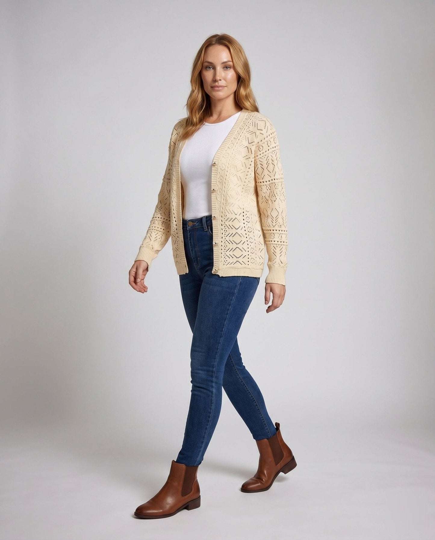 Women's cardigan with decorative hole pattern and button-down neckline - Chichicherry