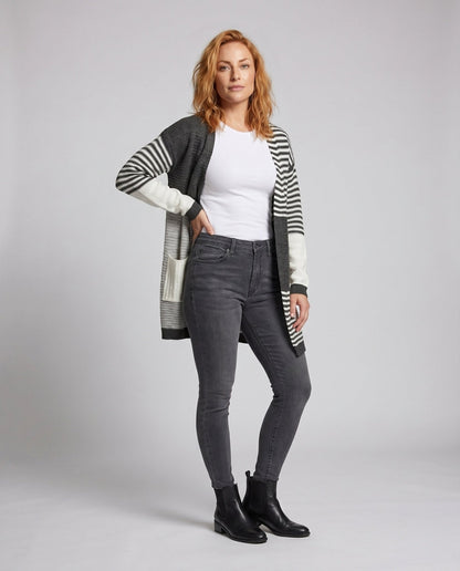 Women's cardigan with fashionable block stripe design and practical pockets - Chichicherry