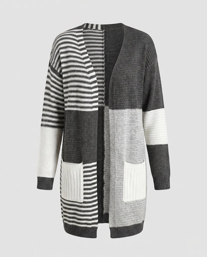 Women's cardigan with fashionable block stripe design and practical pockets - Chichicherry