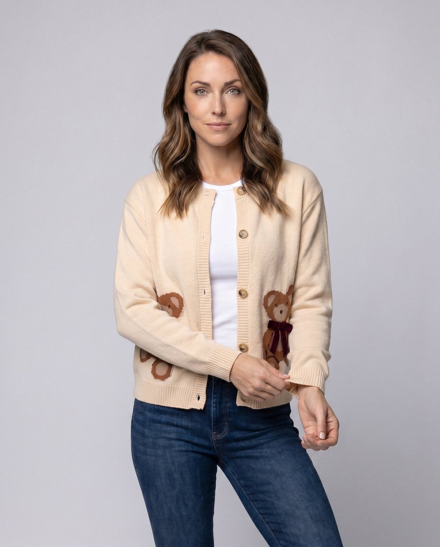 Women's cardigan with playful bear motif and button placket - Chichicherry