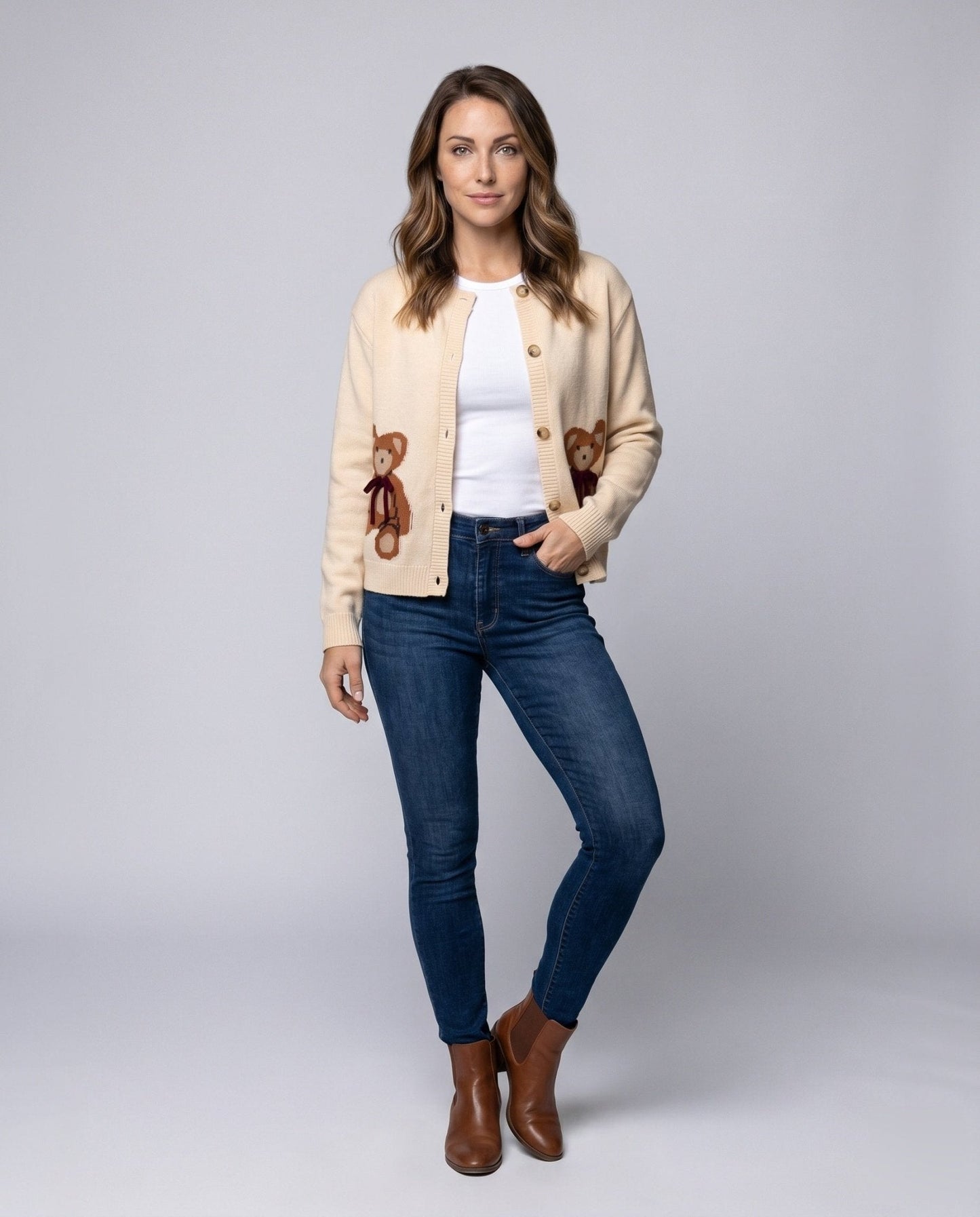 Women's cardigan with playful bear motif and button placket - Chichicherry