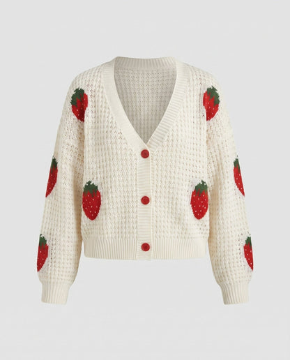 Women's cardigan with strawberry pattern and button placket - Chichicherry