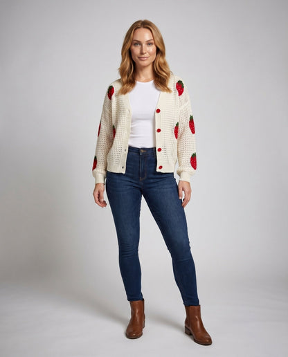 Women's cardigan with strawberry pattern and button placket - Chichicherry