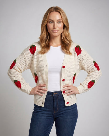 Women's cardigan with strawberry pattern and button placket - Chichicherry