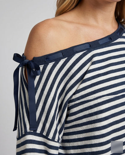 Women's casual asymmetric sweatshirt with stylish stripe pattern and shoulder details - Chichicherry