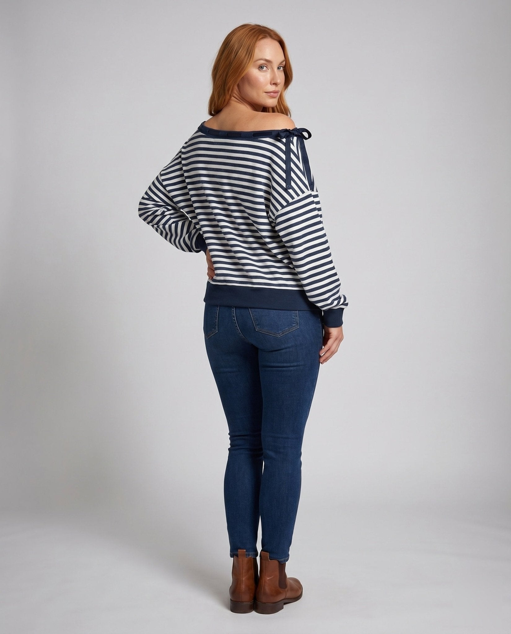 Women's casual asymmetric sweatshirt with stylish stripe pattern and shoulder details - Chichicherry