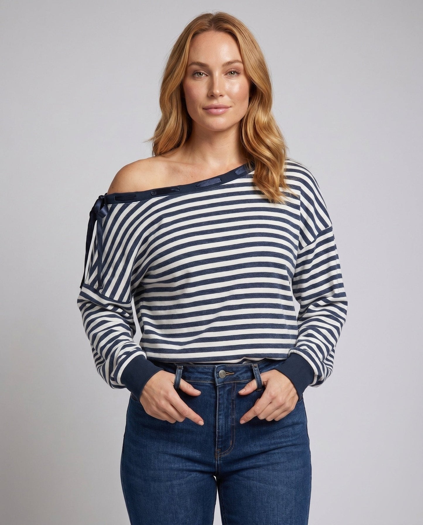 Women's casual asymmetric sweatshirt with stylish stripe pattern and shoulder details - Chichicherry