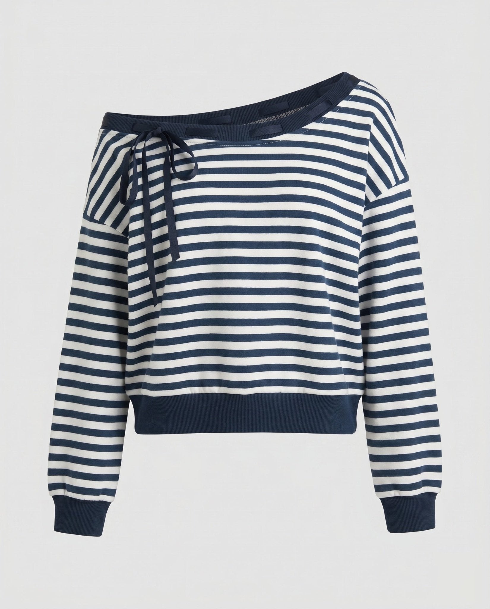 Women's casual asymmetric sweatshirt with stylish stripe pattern and shoulder details - Chichicherry
