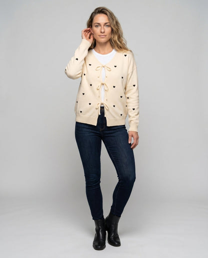 Women's casual cardigan with hearts and tie straps - Chichicherry