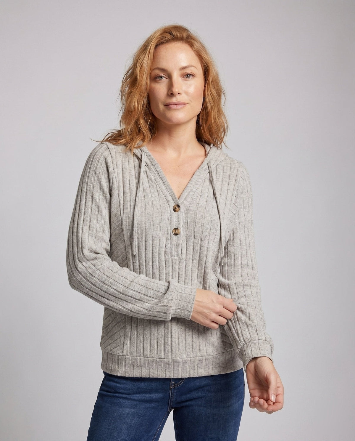 Women's casual hooded top with textured rib details and button placket - Chichicherry