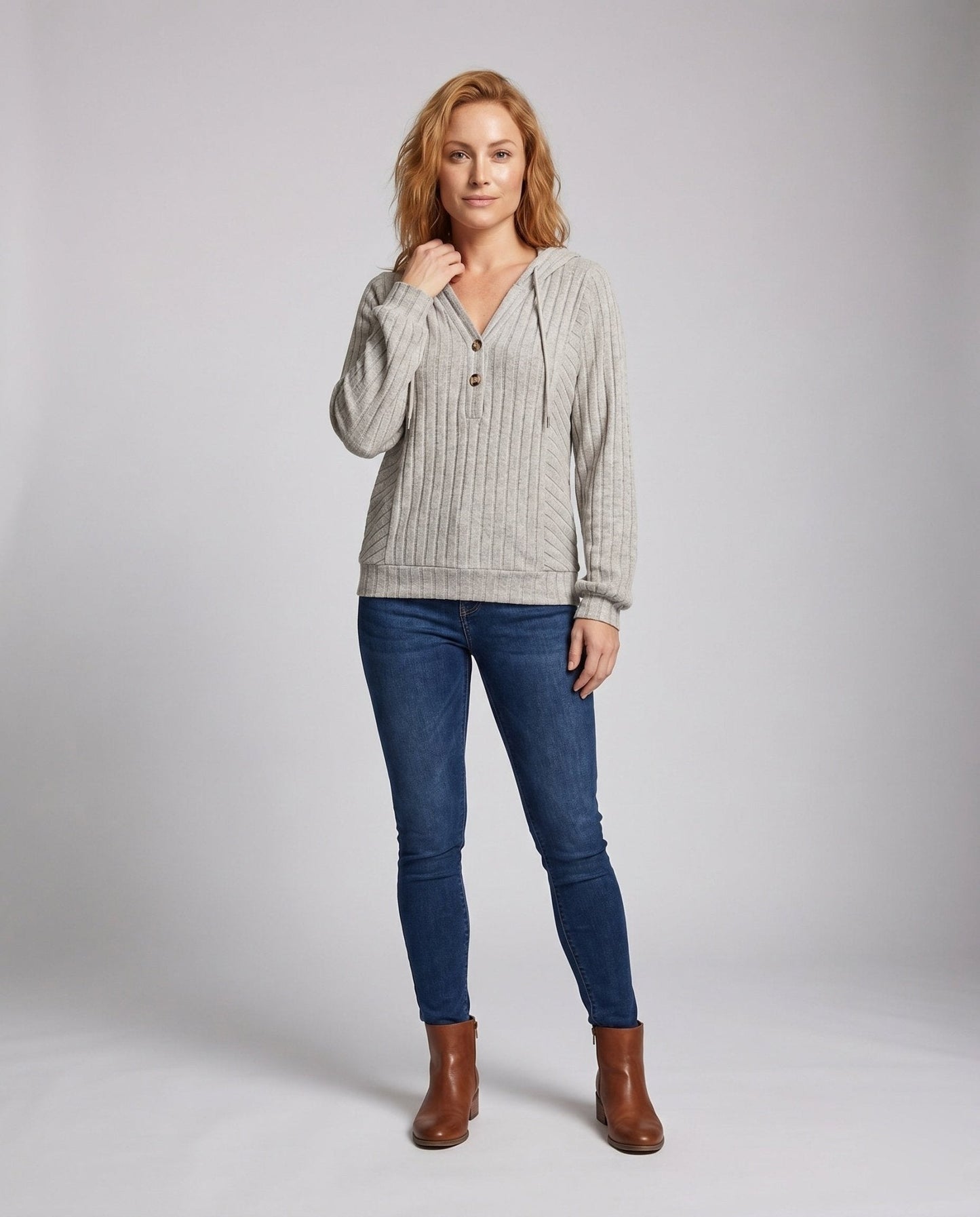 Women's casual hooded top with textured rib details and button placket - Chichicherry
