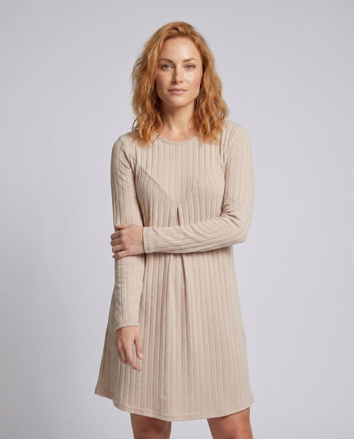 Women's Casual Jersey Autumn Dress with Vertical Stripes and Long Sleeve - Chichicherry