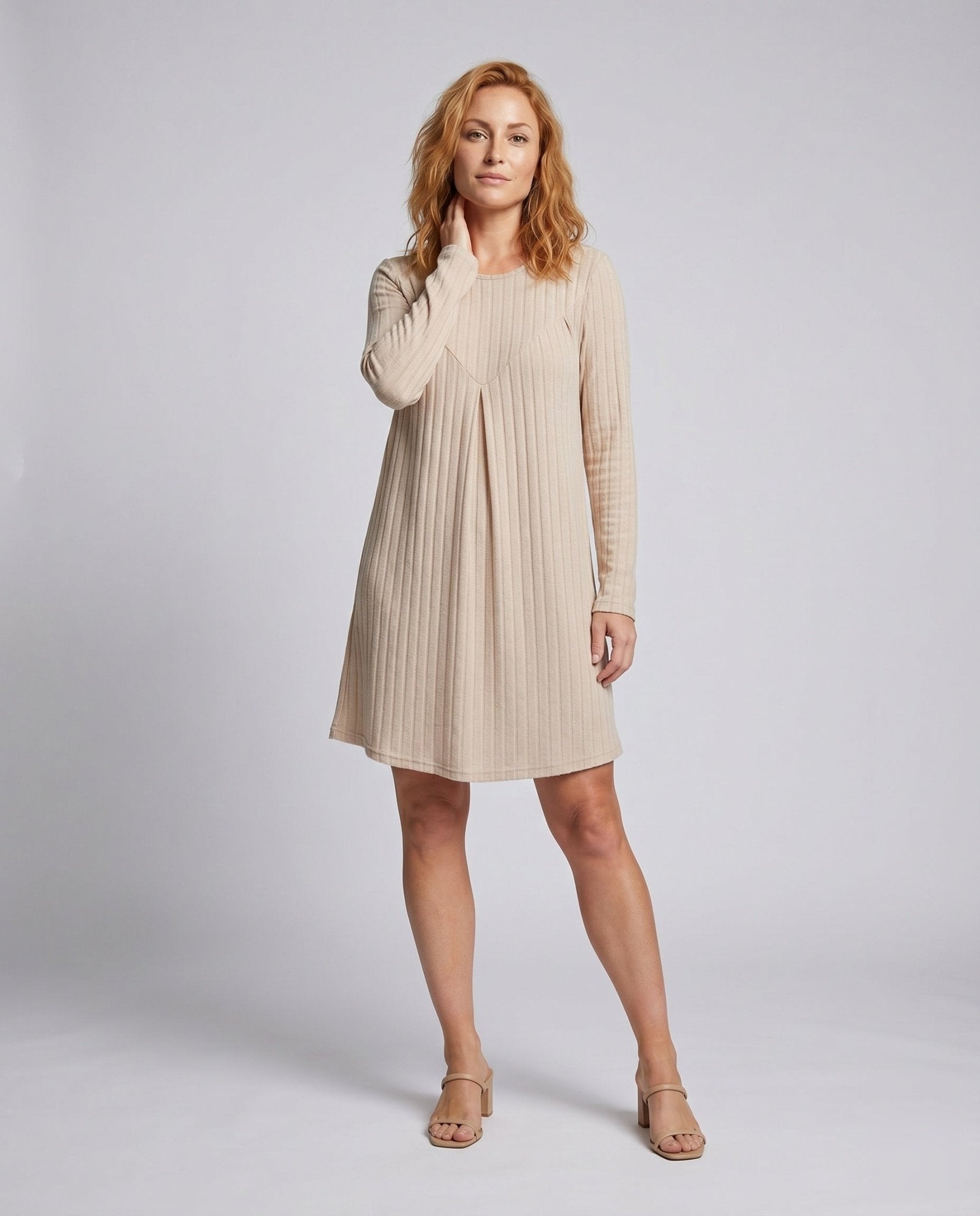 Women's Casual Jersey Autumn Dress with Vertical Stripes and Long Sleeve - Chichicherry