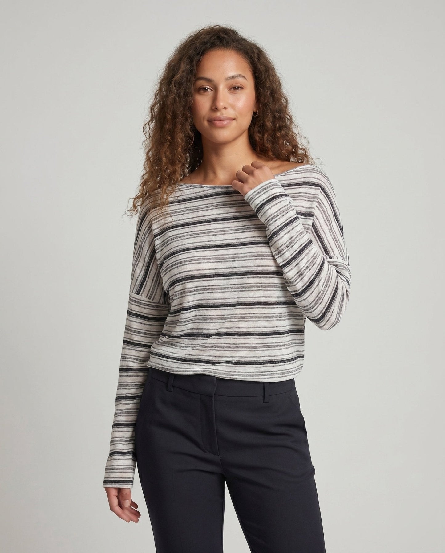 Women's Casual Long Sleeve T-Shirt with Asymmetrical Stripe Pattern - Chichicherry