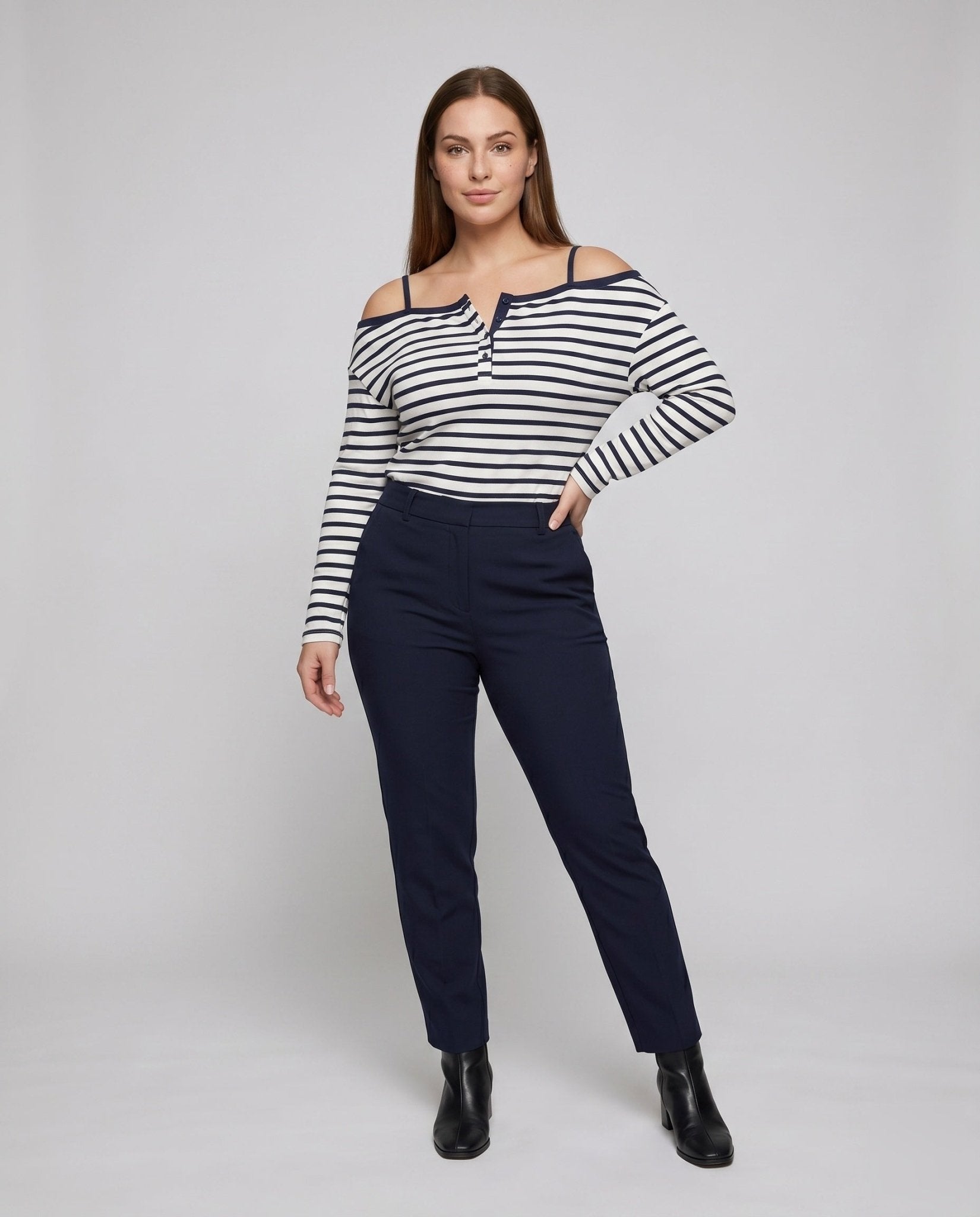 Women's Casual Off-Shoulder Long Sleeve Shirt with Stripes - Chichicherry