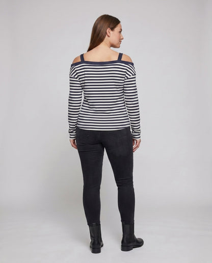 Women's Casual Off-Shoulder Long Sleeve Shirt with Stripes - Chichicherry