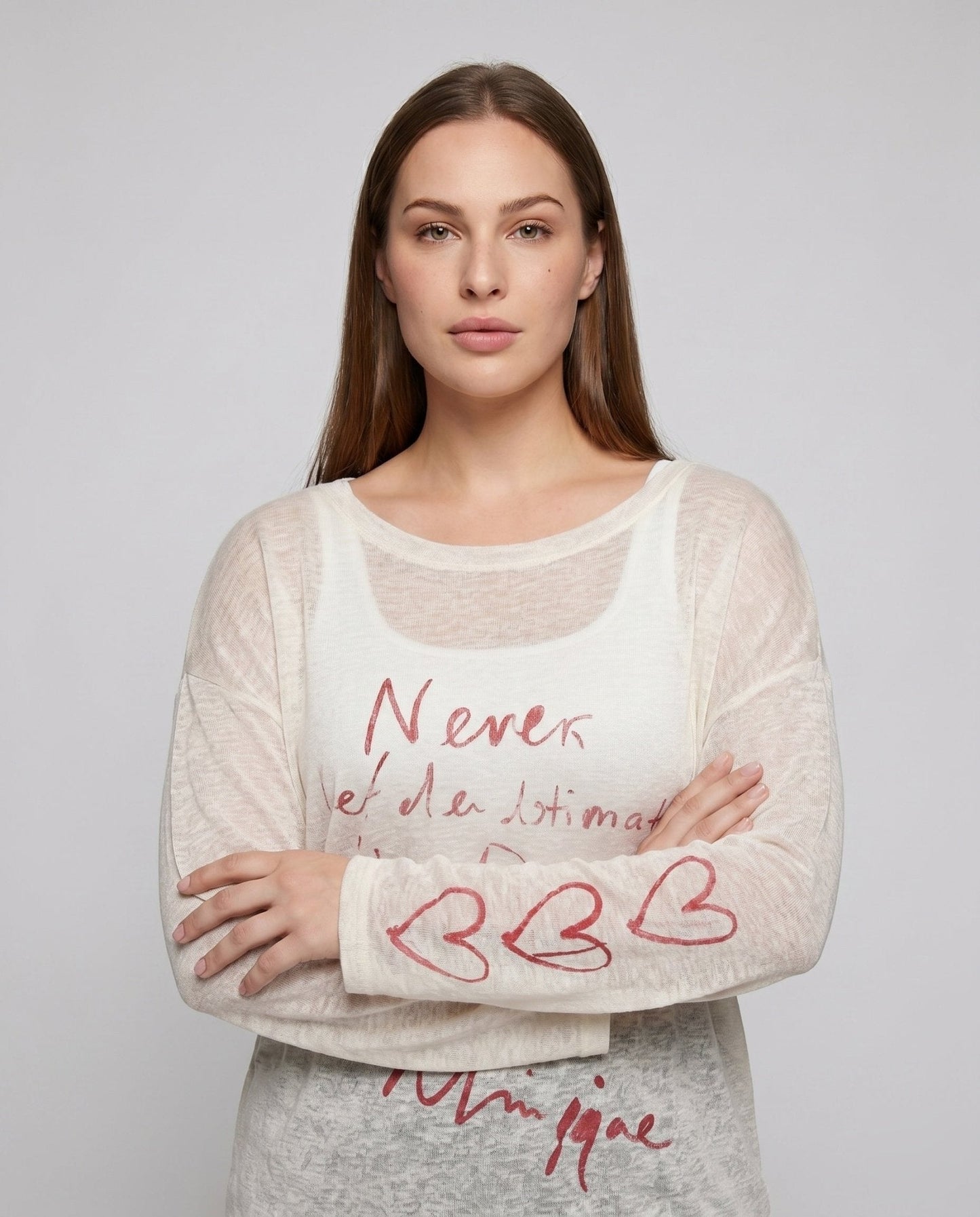 Women's casual oversized long sleeve shirt with open shoulder and creative lettering - Chichicherry