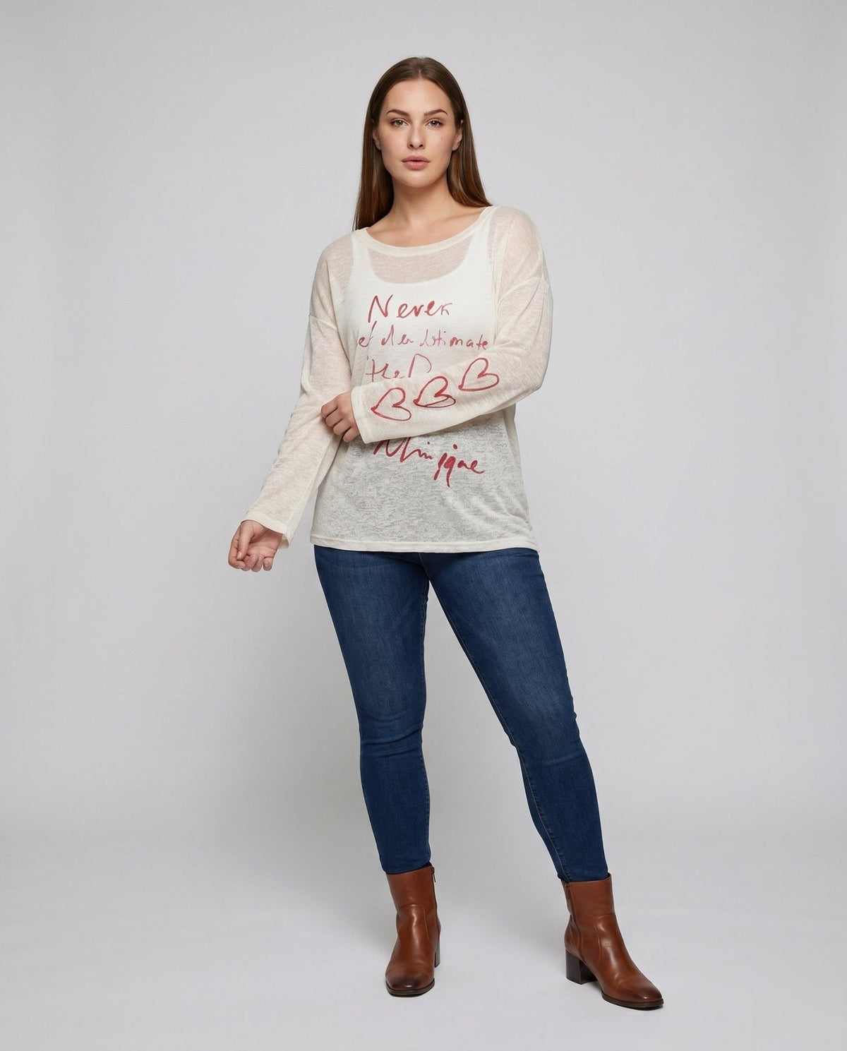 Women's casual oversized long sleeve shirt with open shoulder and creative lettering - Chichicherry