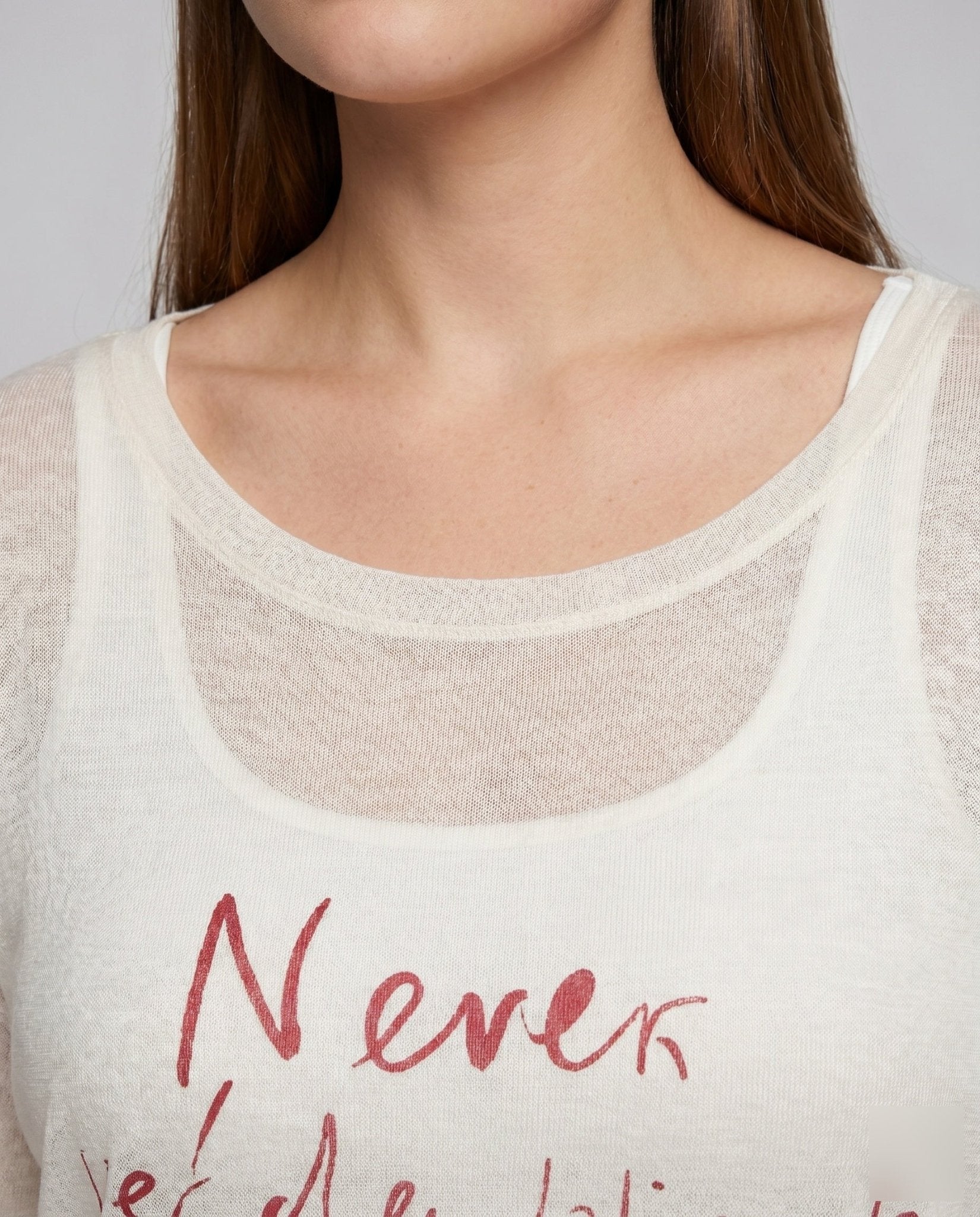 Women's casual oversized long sleeve shirt with open shoulder and creative lettering - Chichicherry