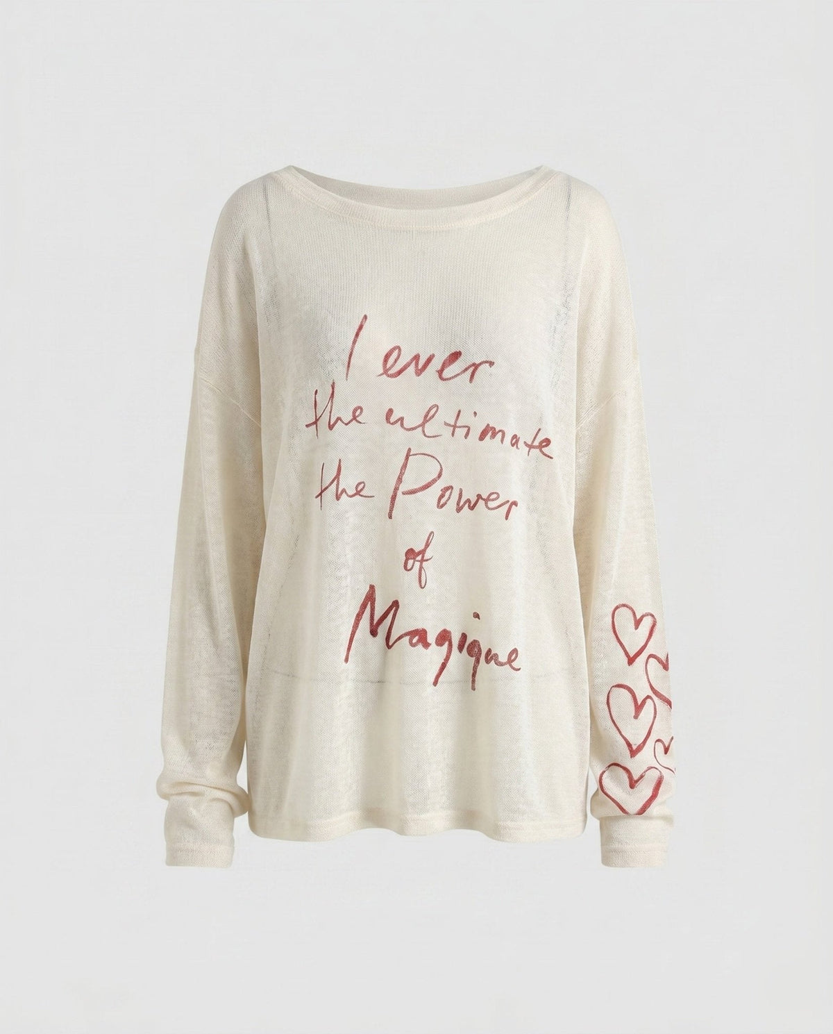 Women's casual oversized long sleeve shirt with open shoulder and creative lettering - Chichicherry