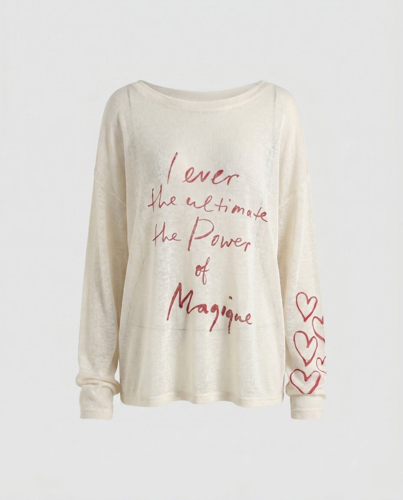 Women's casual oversized long sleeve shirt with open shoulder and creative lettering - Chichicherry
