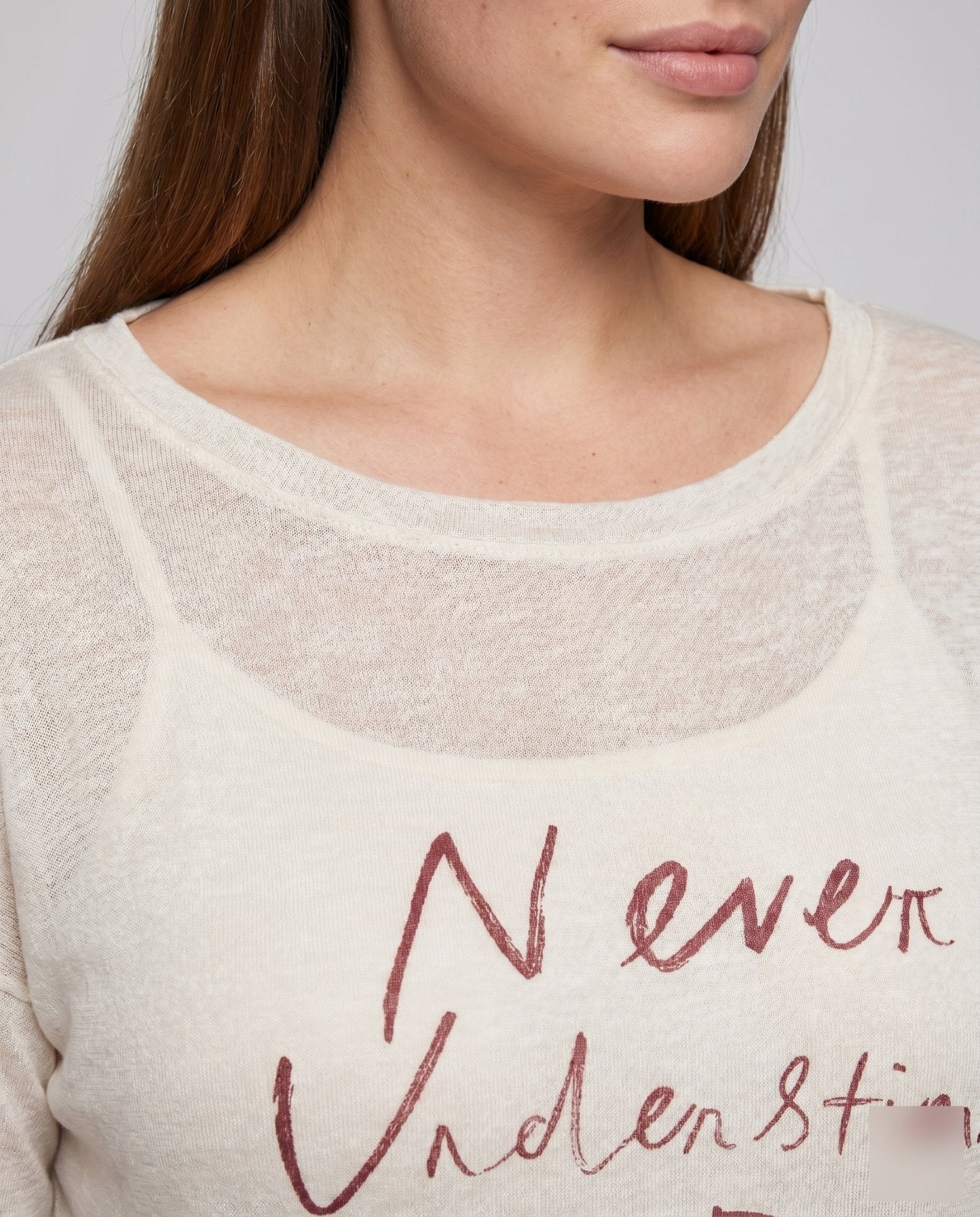 Women's casual oversized shirt with asymmetrical neckline and creative lettering - Chichicherry