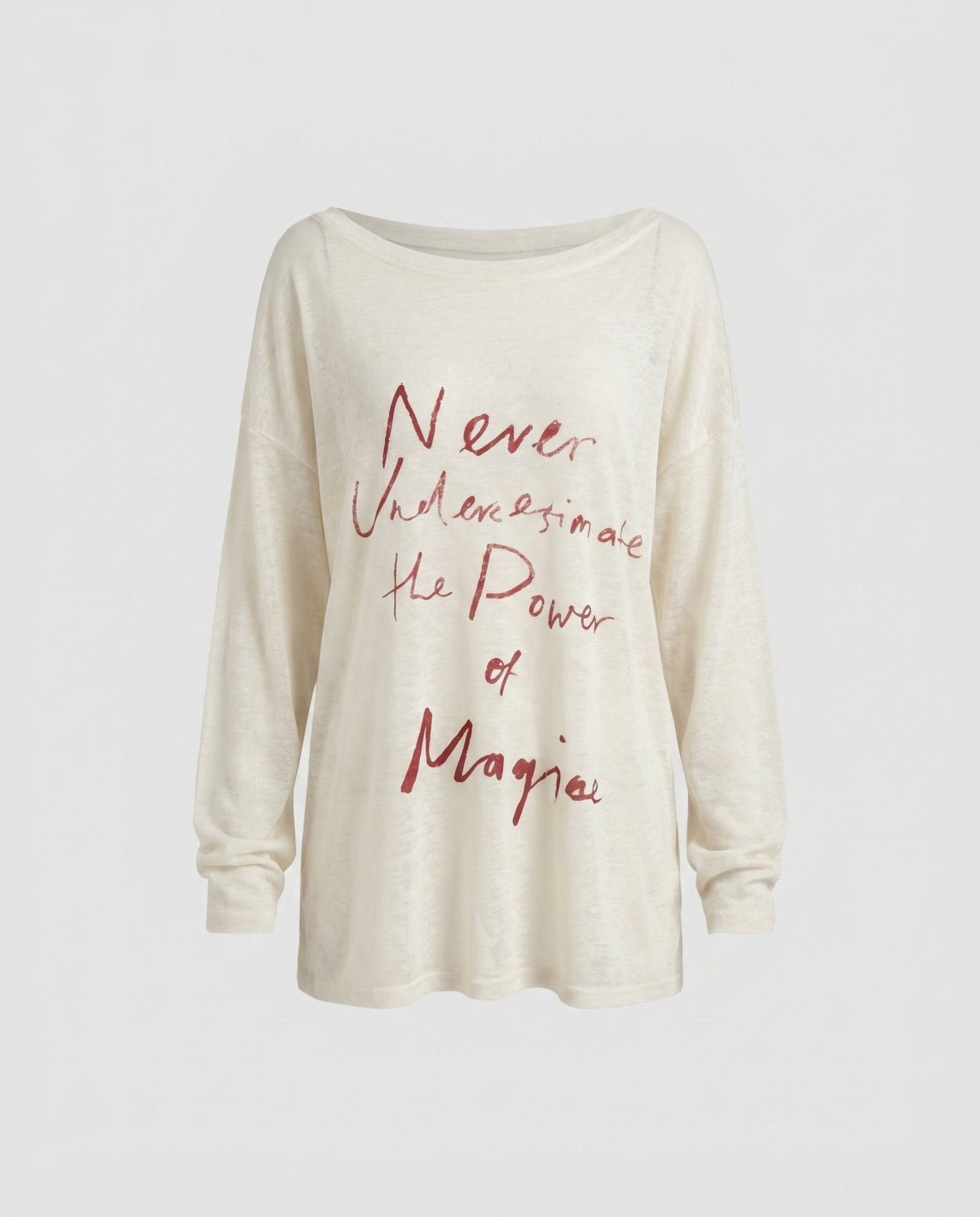 Women's casual oversized shirt with asymmetrical neckline and creative lettering - Chichicherry