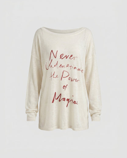 Women's casual oversized shirt with asymmetrical neckline and creative lettering - Chichicherry