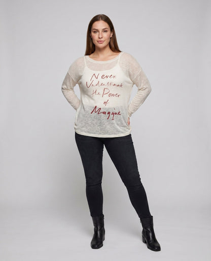 Women's casual oversized shirt with asymmetrical neckline and creative lettering - Chichicherry