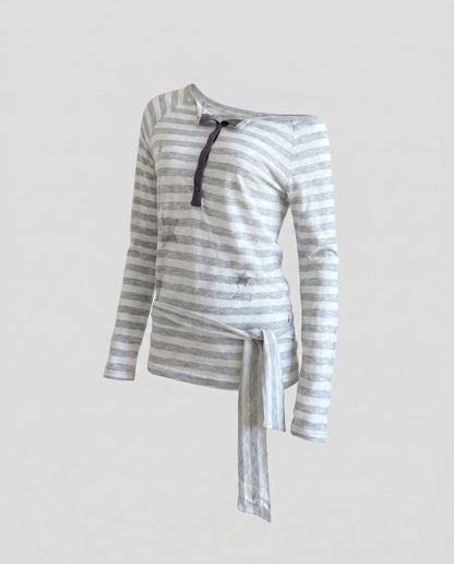 Women's Casual Oversized Shirt with Playful Stripe Pattern and Tied Belt - Chichicherry