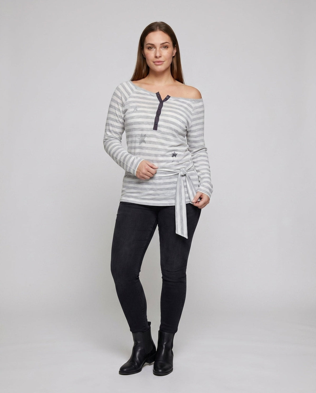 Women's Casual Oversized Shirt with Playful Stripe Pattern and Tied Belt - Chichicherry