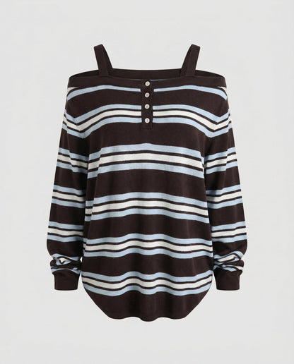 Women’s Casual Oversized Shirt with Wide Stripe Pattern and Decorative Button Closure - Chichicherry