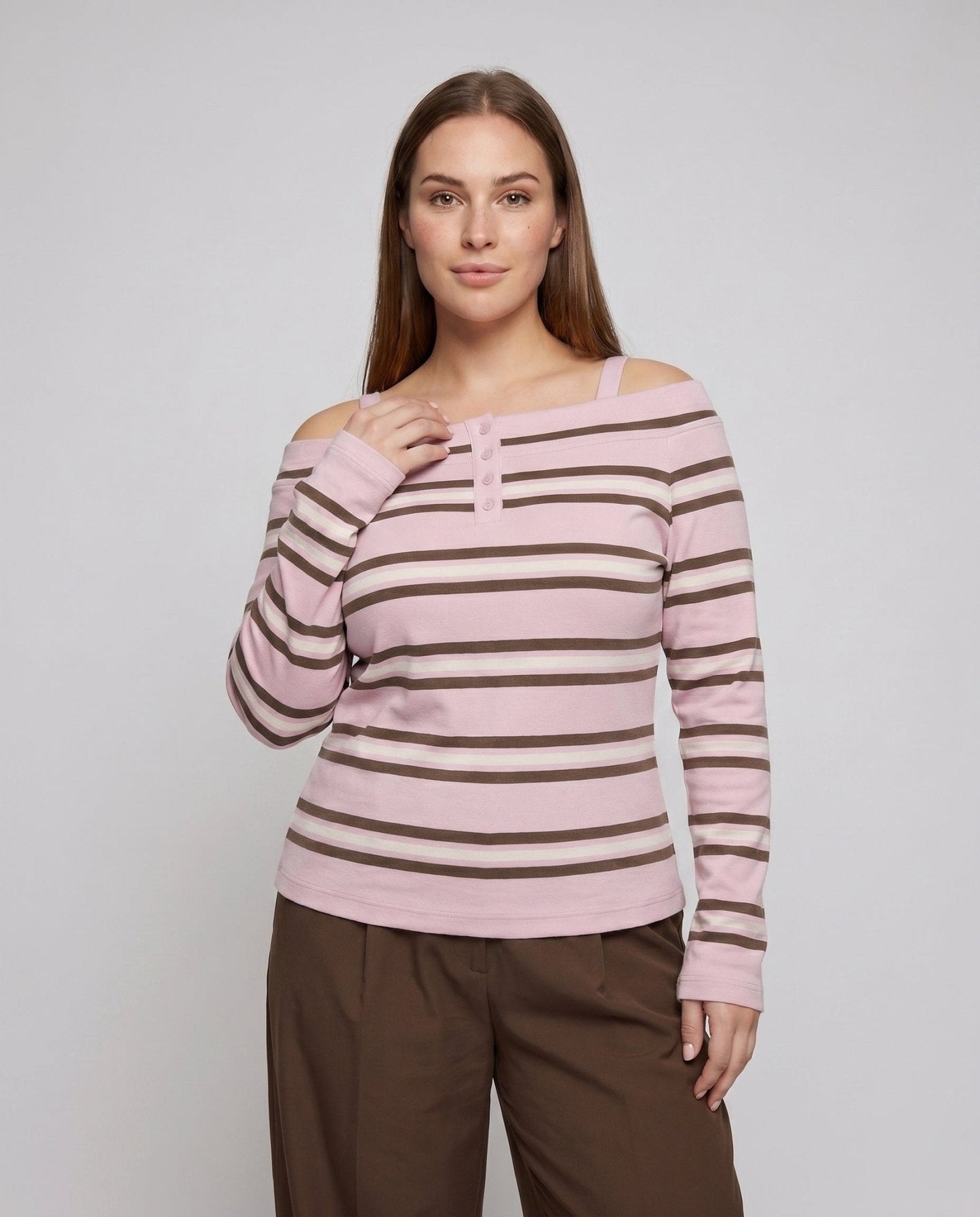 Women’s Casual Oversized Shirt with Wide Stripe Pattern and Decorative Button Closure - Chichicherry