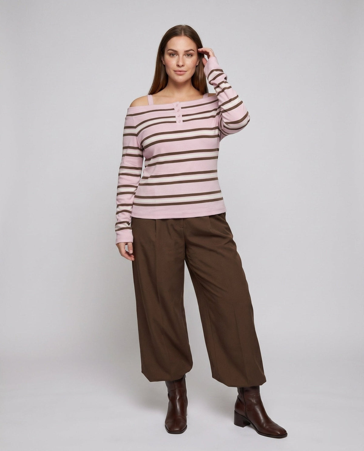 Women’s Casual Oversized Shirt with Wide Stripe Pattern and Decorative Button Closure - Chichicherry