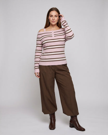 Women’s Casual Oversized Shirt with Wide Stripe Pattern and Decorative Button Closure - Chichicherry