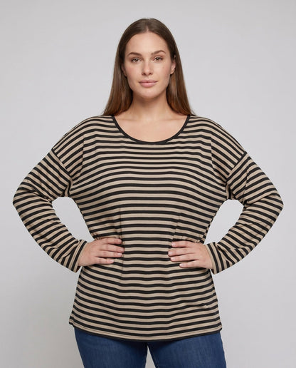 Women's Casual Oversized Striped Top with Deep V-Neck - Chichicherry
