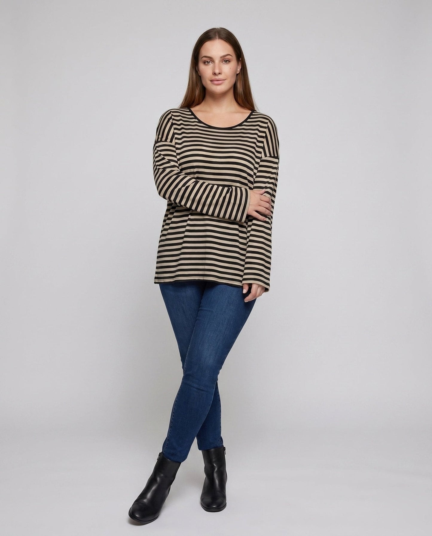 Women's Casual Oversized Striped Top with Deep V-Neck - Chichicherry