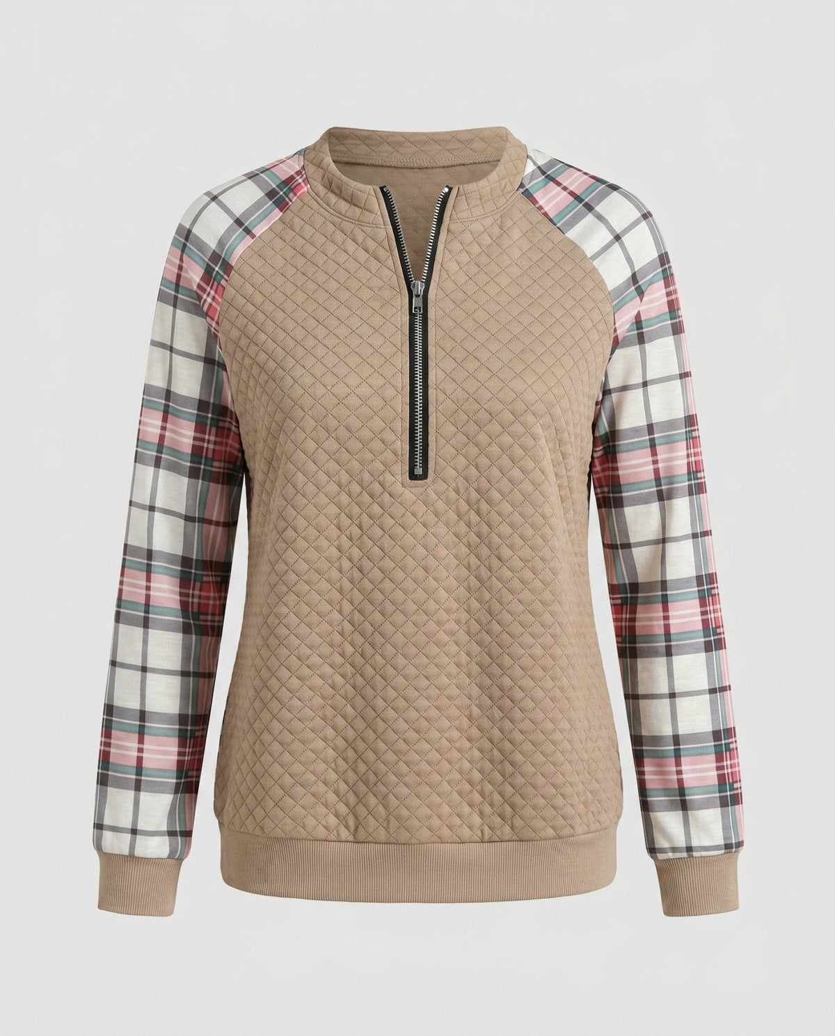 Women's casual sweater with fashionable check pattern and zipper - Chichicherry