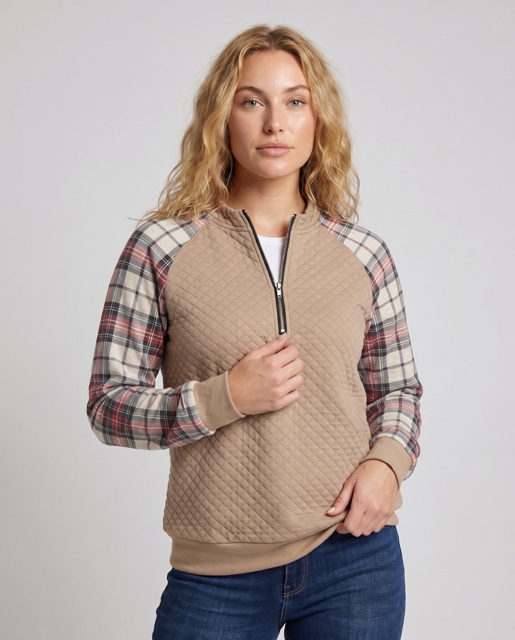 Women's casual sweater with fashionable check pattern and zipper - Chichicherry