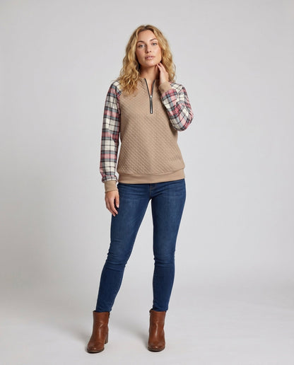 Women's casual sweater with fashionable check pattern and zipper - Chichicherry