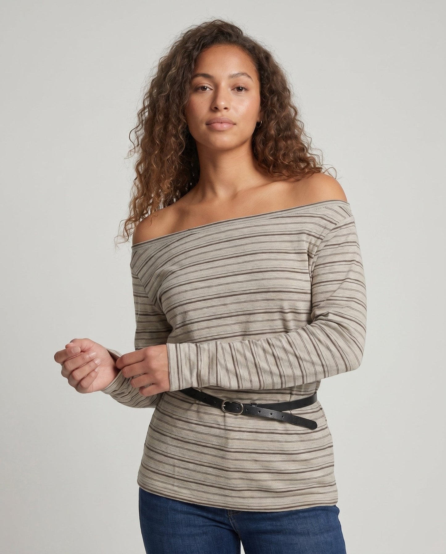 Women's casual top with asymmetrical collar and trendy stripes - Chichicherry