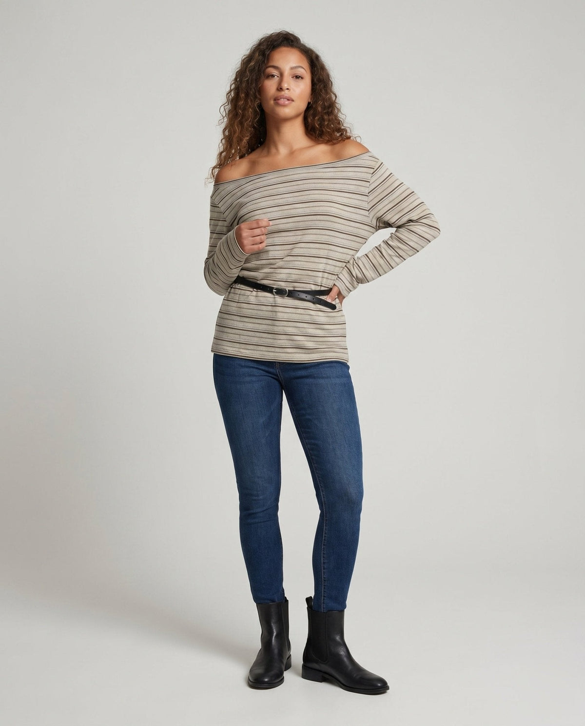 Women's casual top with asymmetrical collar and trendy stripes - Chichicherry