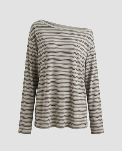 Women's casual top with asymmetrical collar and trendy stripes - Chichicherry
